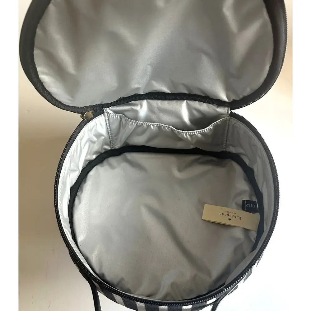 Kate Spade Miri Glitter Makeup Bag Black White Striped Round Cosmetic Case